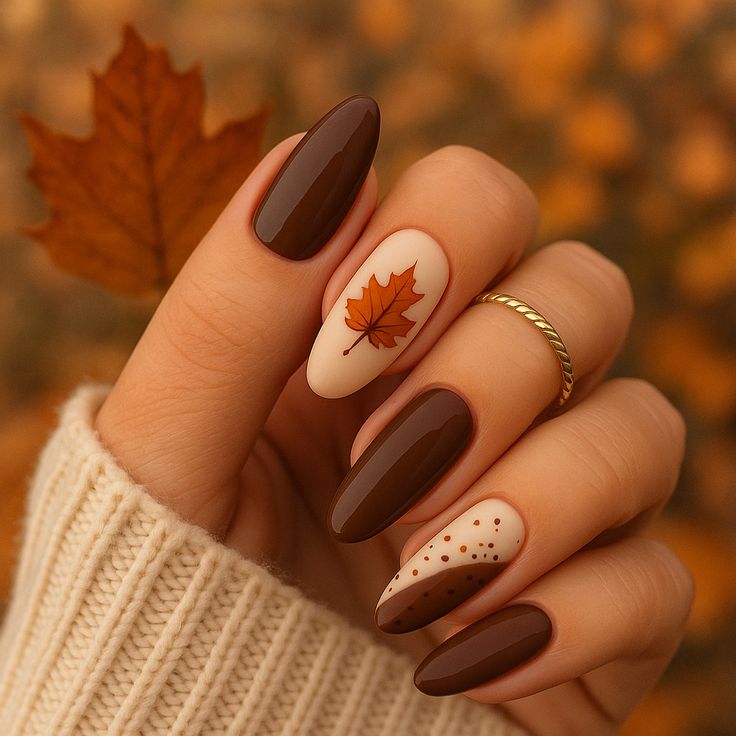 60+ Stunning Autumn Inspired Nail Art Ideas 7 Cozy Fall Brown Nails with Leaf Art 🍂 | Classic Autumn Nail Design