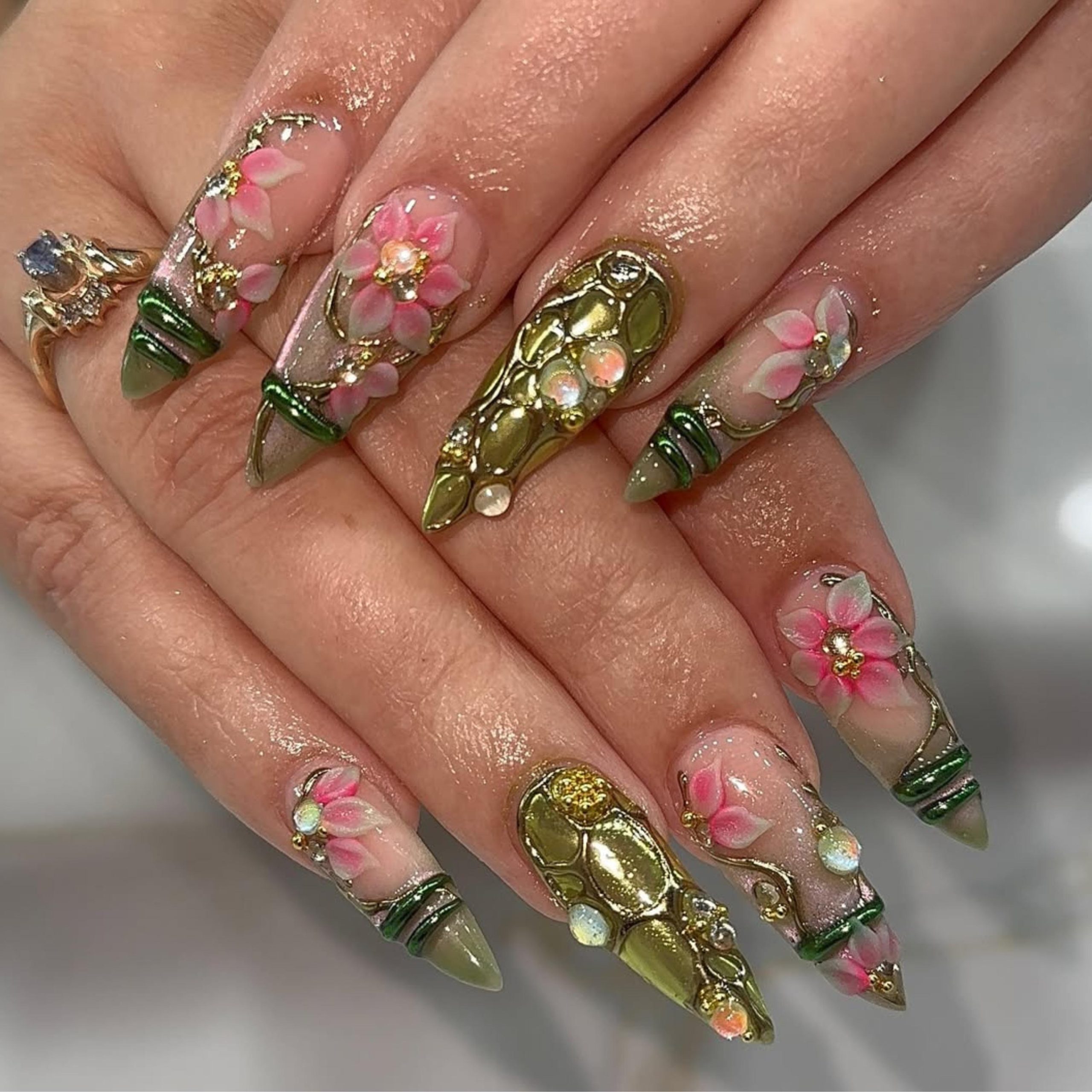 Stunning Gold Foil and Gems Manicure Ideas At Home 9 Enchanted Garden Press on Nails | 3D Pink Floral Nail Art | Green Gold Luxury Fake Nails | Elegant Nature Press Ons |nature Nail Art |DC701Y - Etsy