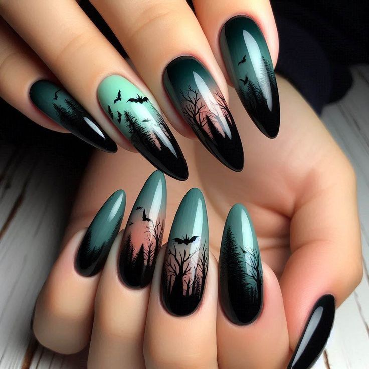 60+ Spooky and Chic Halloween Nail Art Ideas 9 Haunted Forest
