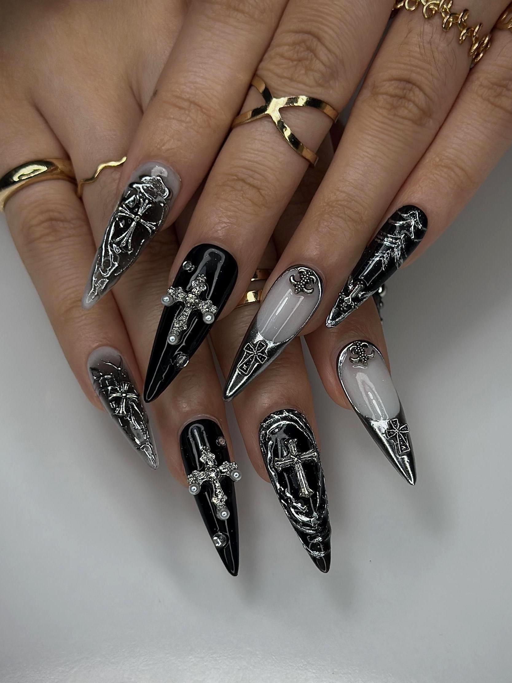 60+ Spooky and Chic Halloween Nail Art Ideas 10 Gothic Baroque Metal Press on Nails | 3D Silver Cross Nail Art | Black & Gray Gothic Stiletto Nails | Handmade Luxury Gothic Nails | JB147HP - Etsy
