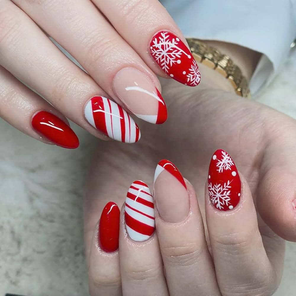 60 Elegant Holiday Nail Designs To Try This Season 10 Amazon.com: 24Pcs Christmas Press on Nails Short Almond Glue on Nails Red White with Snowflake Swirl Christmas Nails Press on French False Nails with Designs Glossy Acrylic Full Cover Winter Fake Nails