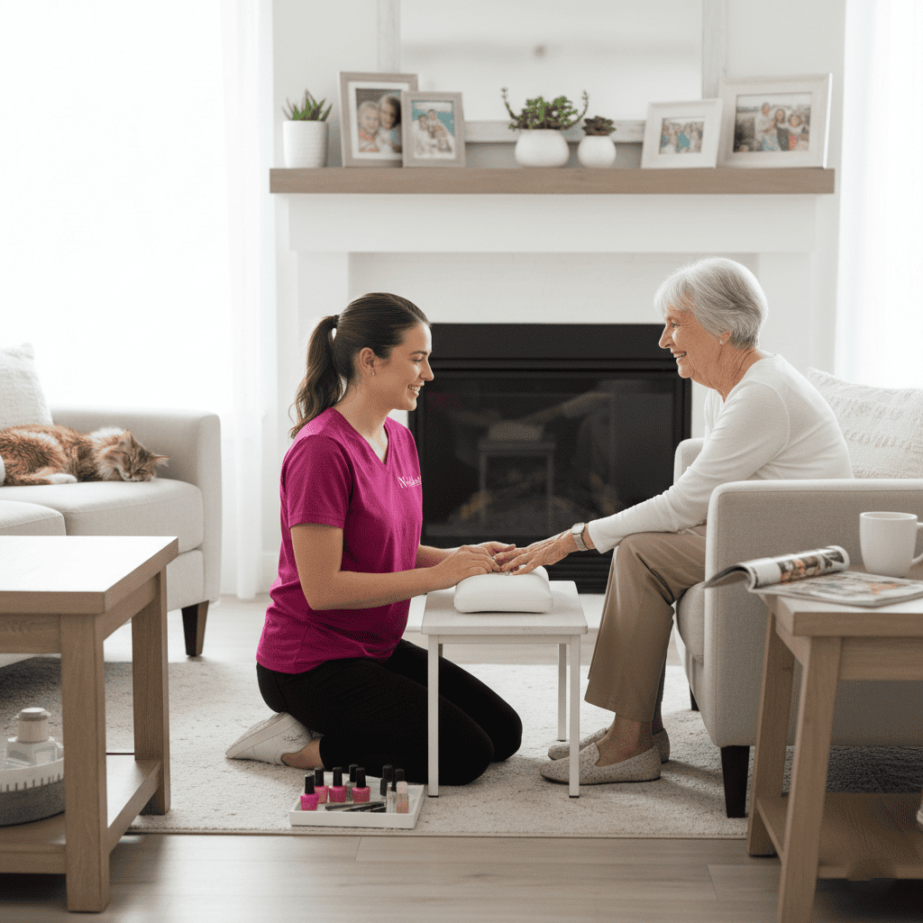 Premier At Home Manicure Service New York 10 Nailuxe mobile nail technician providing a relaxing pedicure service to a New York client.