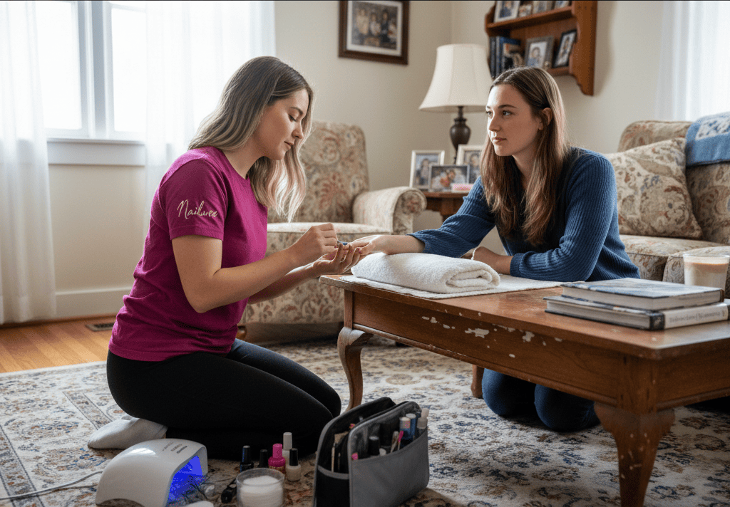 Ultimate Guide To Dip Powder Nails At Home New York 8 Nailuxe technician applying polish during an in-home mobile nail appointment in NYC.