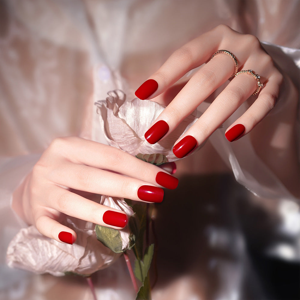 The Most Popular Nail Colors Classics and Trends 8 Classic Red Almond Shaped Semi Cured Gel Nail Strips | Scarlet Delight - 2382
